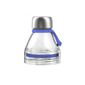 KeepCup Helix Light Bottle Lid in Clear with Lilac accents, shown from the front featuring a brushed stainless steel cap, transparent body with conical shape, and lilac silicone carry loop and centre band.