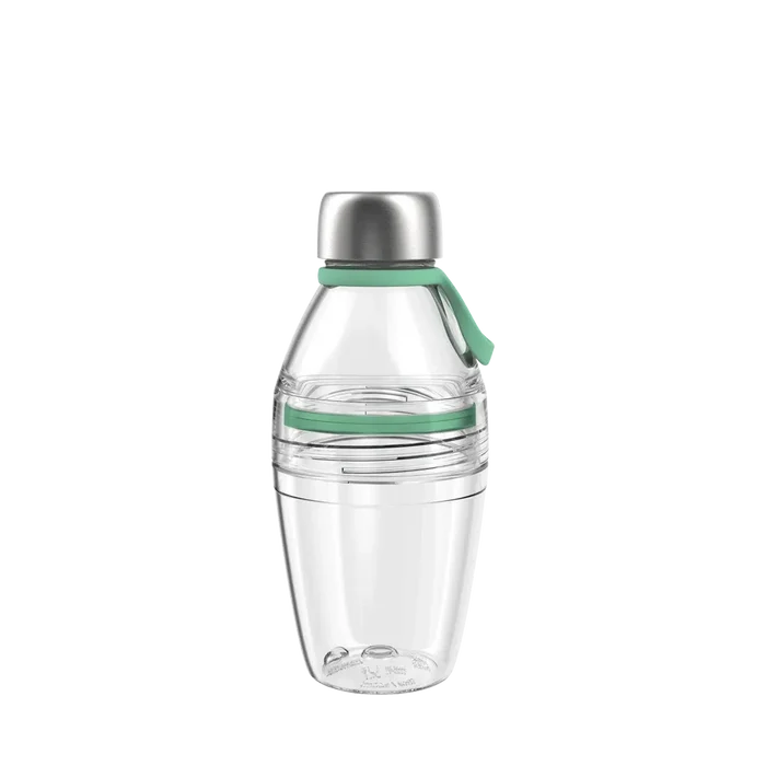 KeepCup Helix Light Bottle 530ml in Frost, shown in a straight-on product shot featuring the clear reusable bottle with mint green accents, carrying loop, and brushed stainless steel cap against a white background.