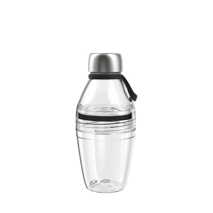 KeepCup Helix Light Bottle 530ml in Black, shown in a straight-on product shot against a white background, featuring a clear plastic body with black silicone band, black carry loop, and brushed stainless steel cap.