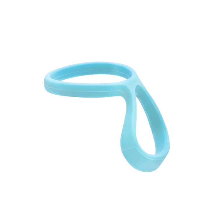 KeepCup Helix Bottle Carry Loop in Cloud, a light blue silicone accessory featuring a circular ring that attaches to the bottle neck with a flexible loop handle, shown at an angle against a white background.