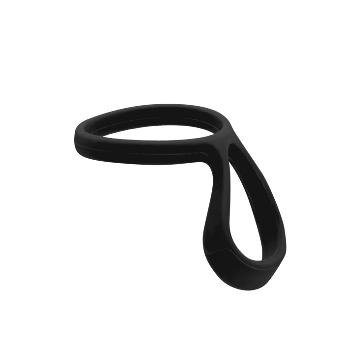 Black silicone Helix Bottle Carry Loop shown at an angle against a white background, featuring a circular ring that attaches to the bottle and an elongated loop handle for easy carrying.