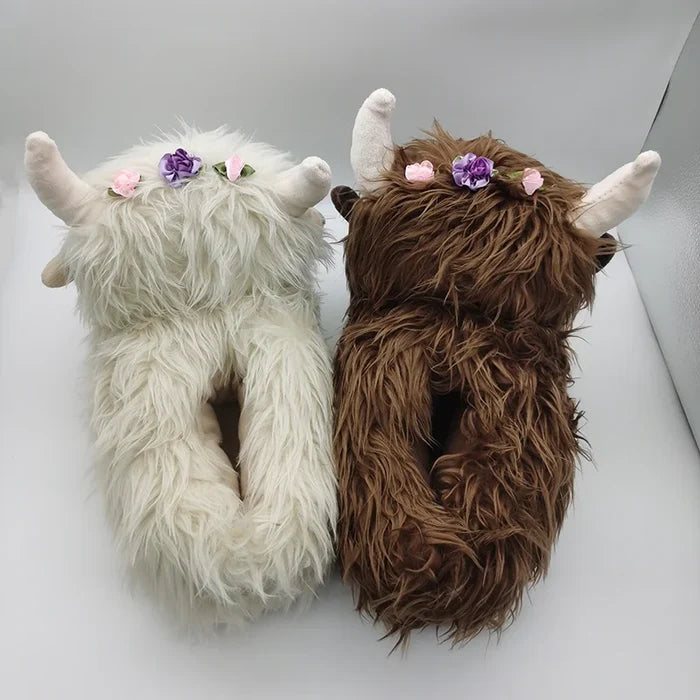 Highland Cow Fashion Plush Slippers, Fluffy Cute Warm for Winter Soft Cozy Indoor