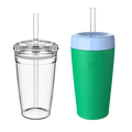 Two KeepCup Iced Latte Lover cups shown side by side against a white background: the left displays the clear double-walled cup with transparent lid and reusable straw, while the right shows the same cup with the Emerald green silicone sleeve and pale blue lid attached.