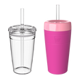 Two KeepCup Iced Latte Lover reusable cups with plastic straws shown side by side against a white background: a clear transparent cup on the left and the Fuchsia colourway on the right, featuring a vibrant pink body with a lighter pink lid.