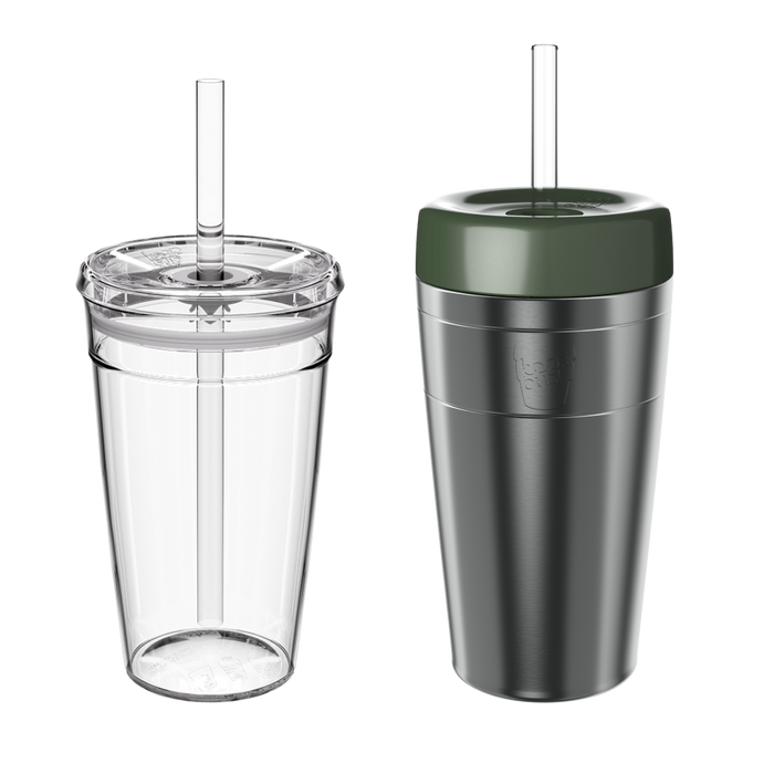 KeepCup Iced Latte Lover set in Pine, showing the clear double-walled plastic cup alongside the stainless steel insulated cup with olive green lid, both with reusable plastic straws, displayed on a plain background.