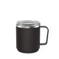 KeepCup Camp Mug M 12oz in Black, featuring a matte black stainless steel body with matching handle, silver rim and clear press-fit lid with sliding closure, shown against a plain white background.