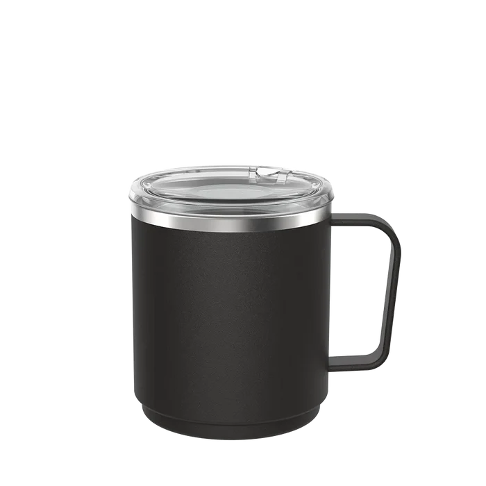 KeepCup Camp Mug M 12oz in Black, featuring a matte black stainless steel body with matching handle, silver rim and clear press-fit lid with sliding closure, shown against a plain white background.