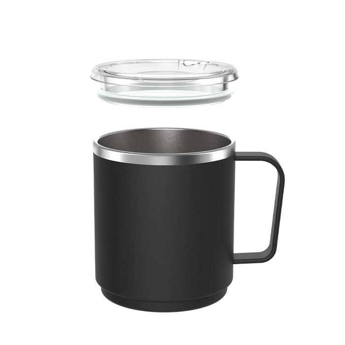 KeepCup Camp Mug M 12oz in Black, shown with the clear press-fit lid separated above the matte black stainless steel mug with angular handle and silver rim detail.