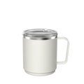KeepCup Camp Mug M 12oz in Bone, featuring a cream-coloured stainless steel body with angular handle and clear press-fit lid, shown against a white background.