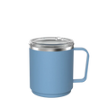 KeepCup Camp Mug M 12oz in Mist, a light blue insulated stainless steel mug with matching handle and clear sliding lid, shown at a three-quarter angle against a white background.