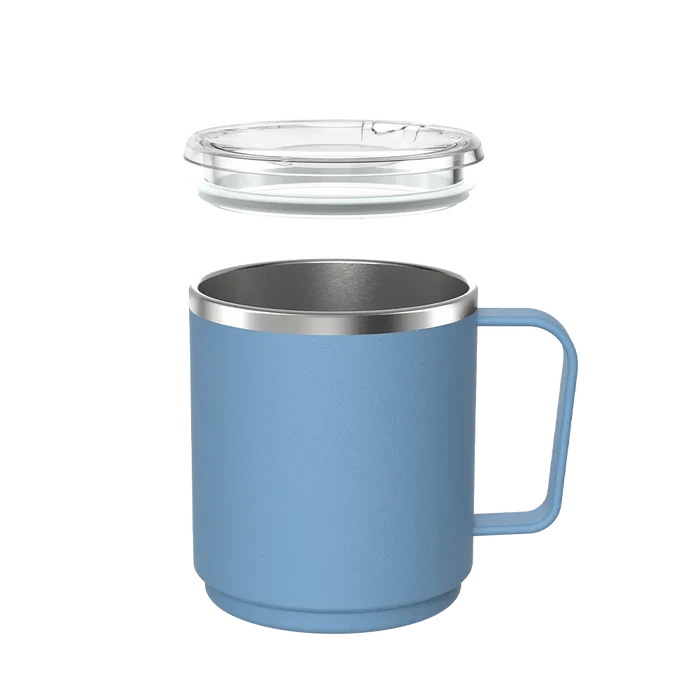 KeepCup Camp Mug M 12oz in Mist colour, shown with the clear sliding lid separated above the mug to display the stainless steel interior and soft blue powder-coated exterior with matching handle.