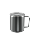 KeepCup Camp Mug M 12oz in Nitro, a dark gunmetal grey insulated stainless steel mug with angular handle and clear plastic lid, shown at a slight angle against a white background.