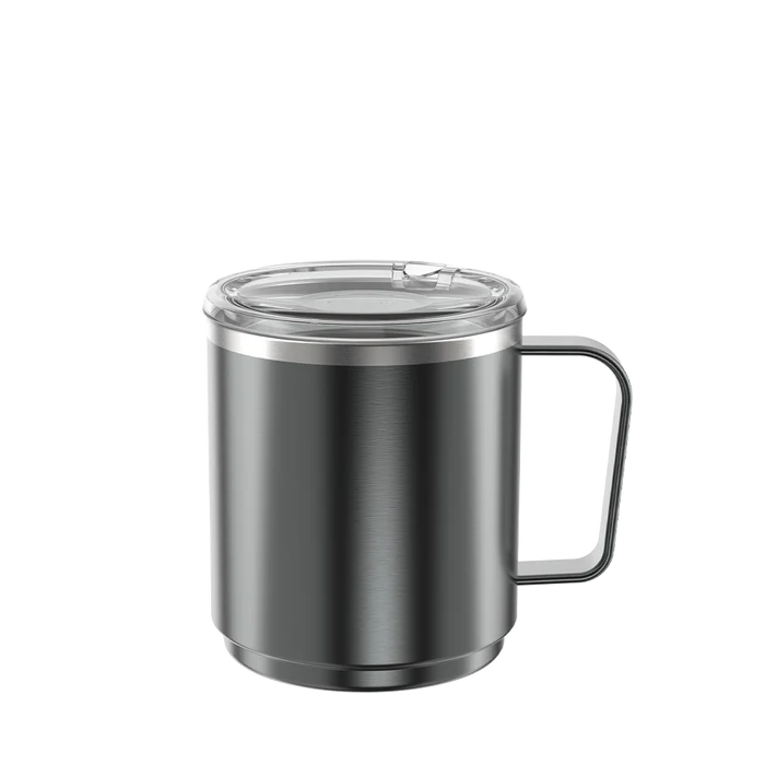 KeepCup Camp Mug M 12oz in Nitro, a dark gunmetal grey insulated stainless steel mug with angular handle and clear plastic lid, shown at a slight angle against a white background.