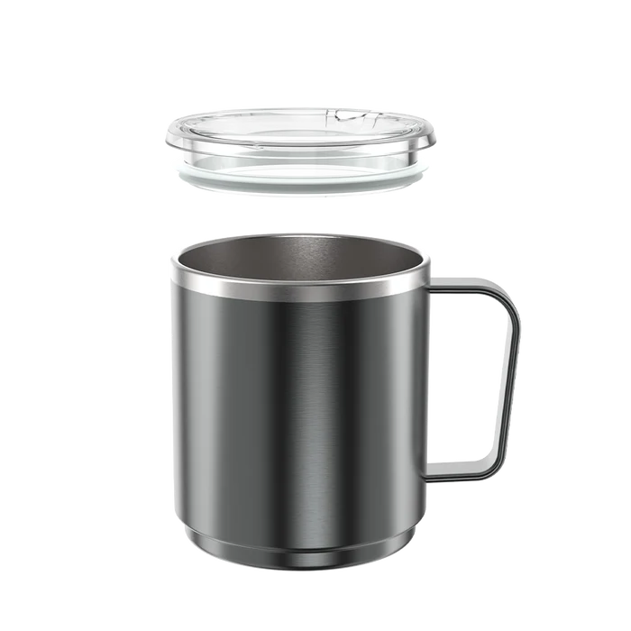 KeepCup Camp Mug M 12oz in Nitro, a dark gunmetal grey insulated stainless steel mug with angular handle, shown with clear plastic lid hovering above to display components.
