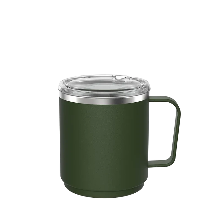 KeepCup Camp Mug M 12oz in Pine, featuring a dark green insulated stainless steel body with matching handle and clear push-on lid, shown from a front angle against a white background.