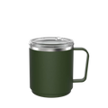 KeepCup Camp Mug M 12oz in Pine, featuring a dark green insulated stainless steel body with matching handle and clear push-on lid, shown from a front angle against a white background.
