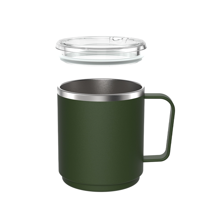 KeepCup Camp Mug M 12oz in Pine, shown with the clear sliding lid floating above the dark green insulated stainless steel mug with matching handle, displaying the product components in an exploded view.