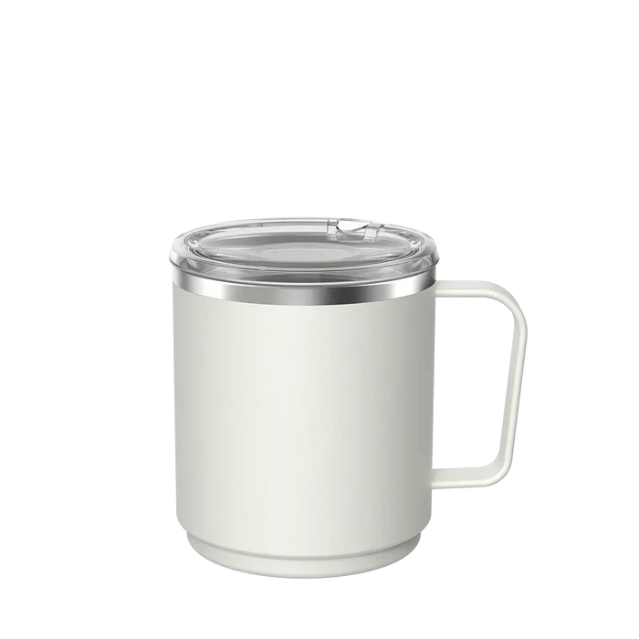 KeepCup Camp Mug M 12oz in Bone, featuring a cream-coloured stainless steel body with angular handle and clear press-fit lid, shown against a white background.