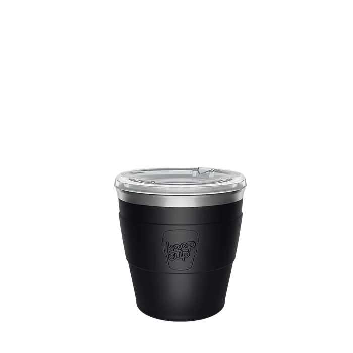 KeepCup Thermal Quicksip XS 6oz in Black, shown from a front angle against a white background, featuring a matte black stainless steel body with embossed KeepCup logo and clear press-fit lid.