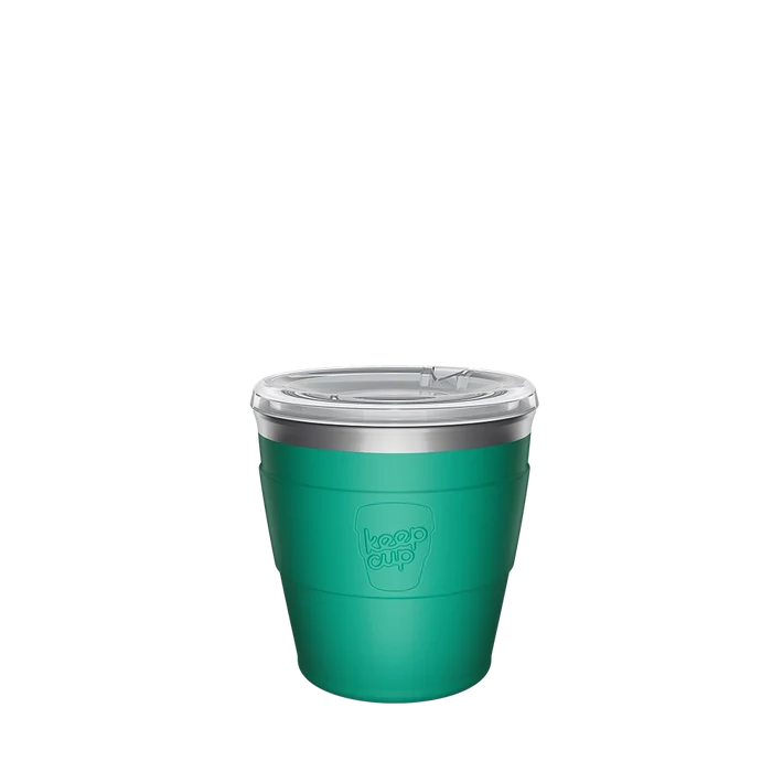 KeepCup Thermal Quicksip XS 6oz in Frost Green, shown against a white background. The reusable cup features a matte green stainless steel body with embossed KeepCup logo, silver rim and clear plastic sipper lid.