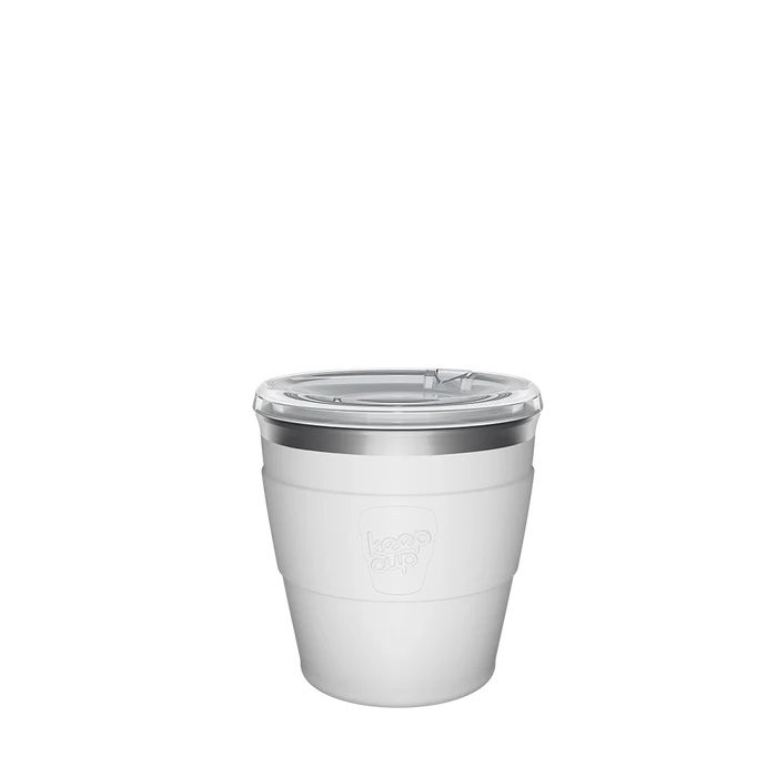 KeepCup Thermal Quicksip XS 6oz in White, shown from a front angle against a plain background, featuring a white stainless steel body with silver rim and clear plastic lid with sip opening.