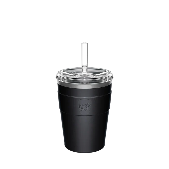 KeepCup Cold Cup Thermal M 12oz in Black, shown from a front angle against a white background, featuring a matte black insulated body with embossed KeepCup logo, clear plastic lid, and transparent reusable straw.