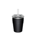 KeepCup Cold Cup Thermal M 12oz in Black, shown from a front angle against a white background, featuring a matte black insulated body with embossed KeepCup logo, clear plastic lid, and transparent reusable straw.