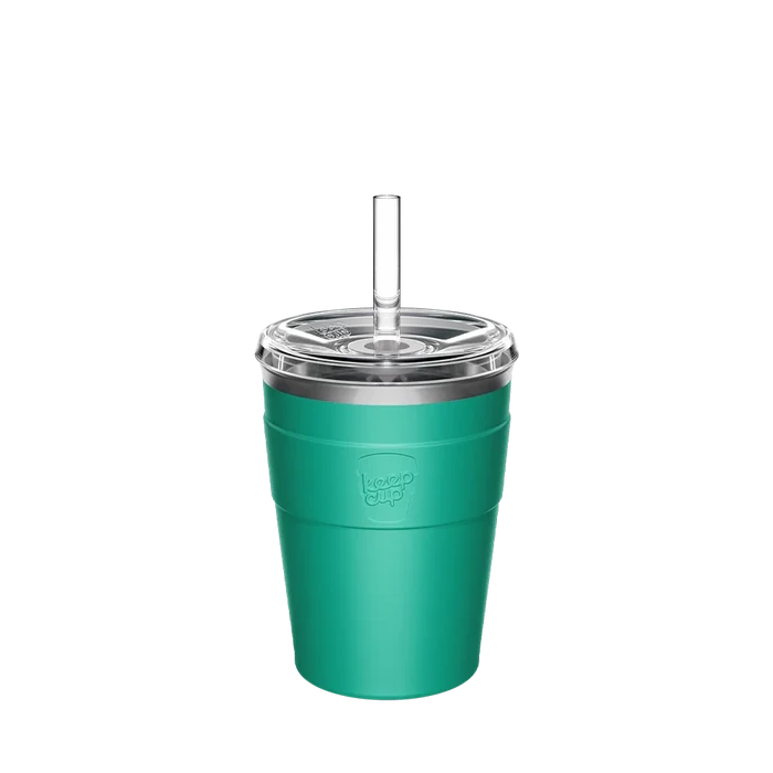KeepCup Cold Cup Thermal M 12oz in Frost Green, shown in a front-facing product shot featuring the teal insulated cup with clear lid and reusable straw against a white background.