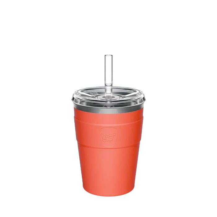 KeepCup Cold Cup Thermal M 12oz in Persimmon, featuring a coral-coloured stainless steel body with embossed logo, clear plastic lid and reusable straw, shown front-on against a white background.