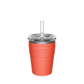 KeepCup Cold Cup Thermal M 12oz in Persimmon, featuring a coral-coloured stainless steel body with embossed logo, clear plastic lid and reusable straw, shown front-on against a white background.