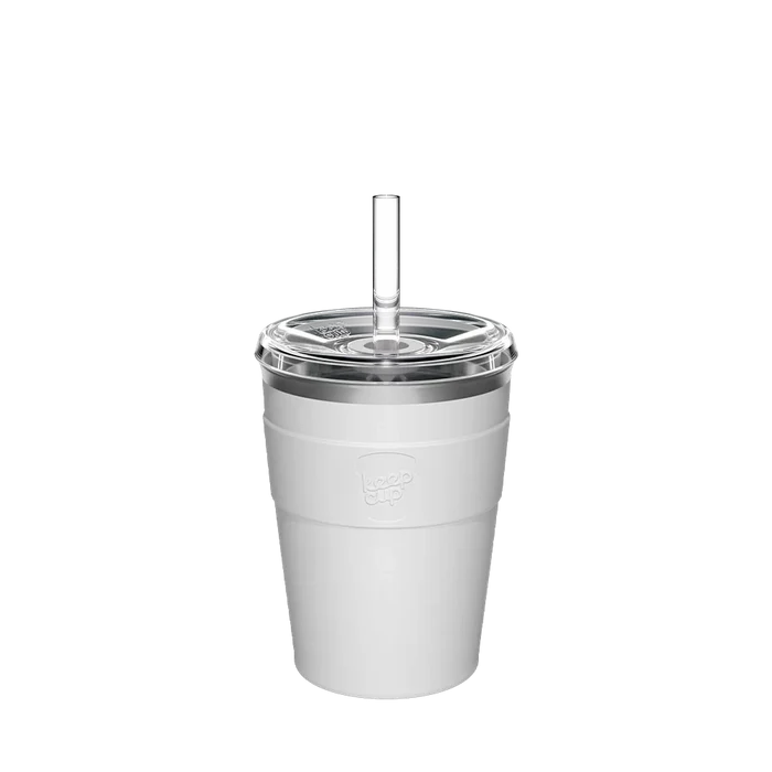 KeepCup Cold Cup Thermal M 12oz in White, shown in a front-facing product shot featuring the reusable cup with clear lid and straw against a plain background.