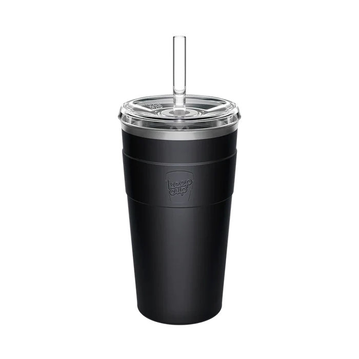 KeepCup Cold Cup Thermal L 16oz in Black, shown in a front-facing product shot against a white background, featuring a matte black insulated cup with embossed logo, clear plastic lid, and transparent reusable straw.