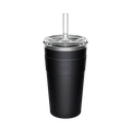 KeepCup Cold Cup Thermal L 16oz in Black, shown in a front-facing product shot against a white background, featuring a matte black insulated cup with embossed logo, clear plastic lid, and transparent reusable straw.