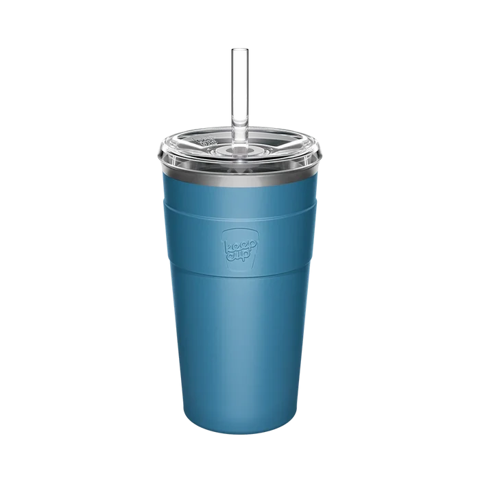 KeepCup Cold Cup Thermal L 16oz in Kingfisher, a matte blue-green insulated stainless steel tumbler with clear plastic lid and reusable straw, shown front-on against a white background.