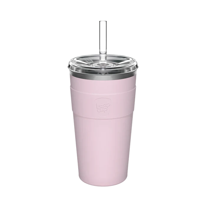 KeepCup Cold Cup Thermal L 16oz in Pashmak Pink, featuring a soft pink insulated stainless steel tumbler with silicone band, clear plastic lid with straw hole, and transparent reusable straw, shown against a white background.
