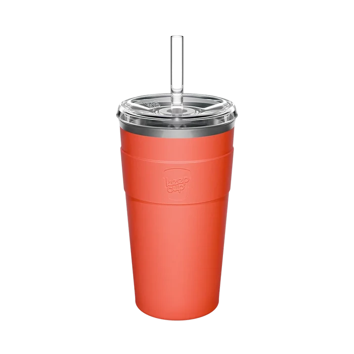 KeepCup Cold Cup Thermal L 16oz in Persimmon, featuring a coral-coloured stainless steel tumbler with clear lid and reusable straw, shown against a plain white background.
