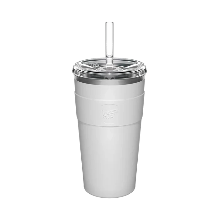 KeepCup Cold Cup Thermal L 16oz in White, shown from a front angle against a plain background, featuring a clear lid with straw and white silicone band with embossed KeepCup logo.