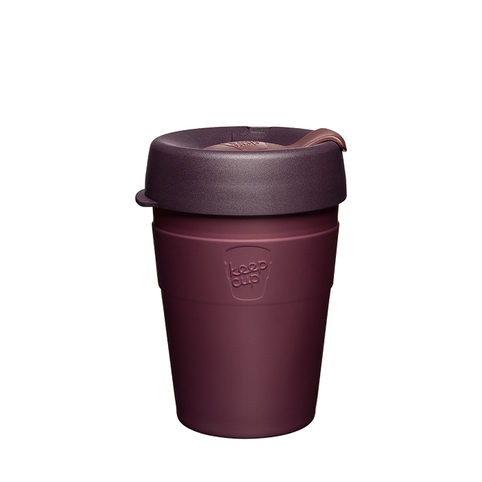 KeepCup Thermal M 12oz in Alder, featuring a deep burgundy stainless steel cup body with a darker plum-coloured lid and sipper, shown against a plain white background.
