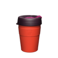 KeepCup Thermal M 12oz in Ginger, featuring a warm orange double-walled stainless steel cup with a dark plum lid and magenta sipper plug, shown against a plain white background.