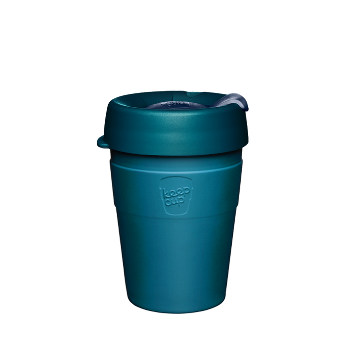 KeepCup Thermal M 12oz in Lagoon, a deep teal reusable coffee cup with double-walled stainless steel body and matching lid, shown against a white background in a straight-on product shot.
