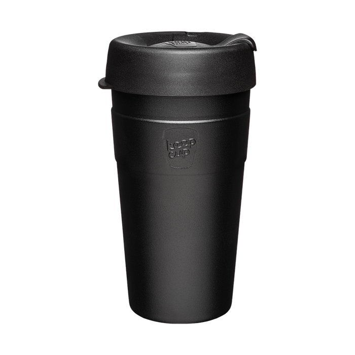 KeepCup Thermal L 16oz in Black, shown in a front-facing studio shot against a white background, featuring the double-walled stainless steel body with embossed KeepCup logo and black press-fit lid with sipper closure.