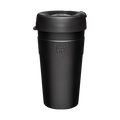 KeepCup Thermal L 16oz in Black, shown in a front-facing studio shot against a white background, featuring the double-walled stainless steel body with embossed KeepCup logo and black press-fit lid with sipper closure.