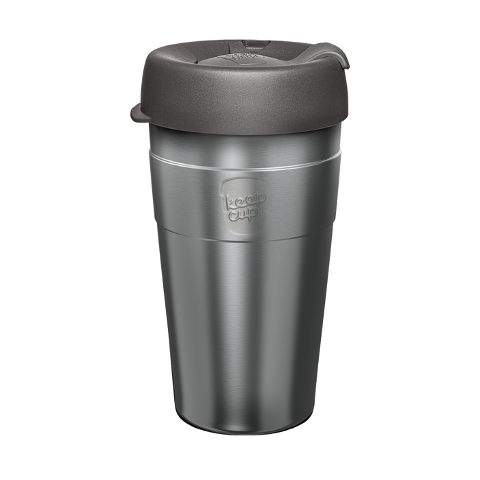 KeepCup Thermal L 16oz in Nitro, featuring a brushed stainless steel body with dark grey lid, shown in a front-facing product shot against a white background.