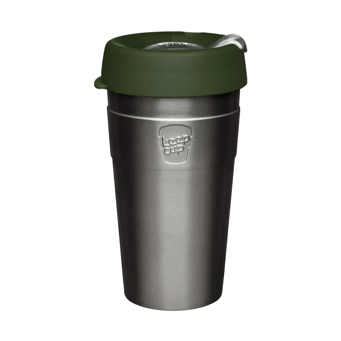 KeepCup Thermal L 16oz in Pine, featuring a brushed stainless steel body with an olive green lid, shown from the front against a neutral background with the embossed KeepCup logo visible on the cup.