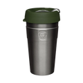 KeepCup Thermal L 16oz in Pine, featuring a brushed stainless steel body with an olive green lid, shown from the front against a neutral background with the embossed KeepCup logo visible on the cup.