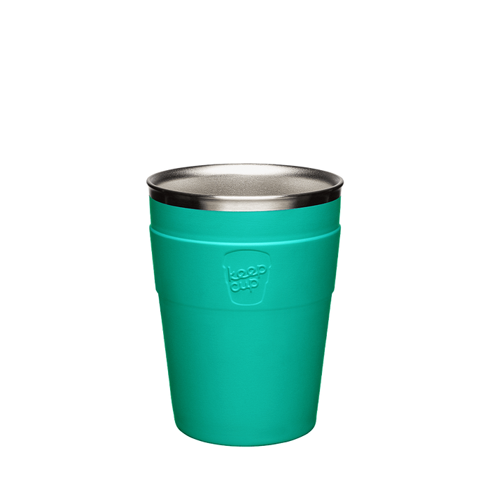 KeepCup Thermal Stainless Steel Cup Base in Frost Green, M 12oz size, shown against a white background with the embossed KeepCup logo visible on the band and stainless steel rim at the top.