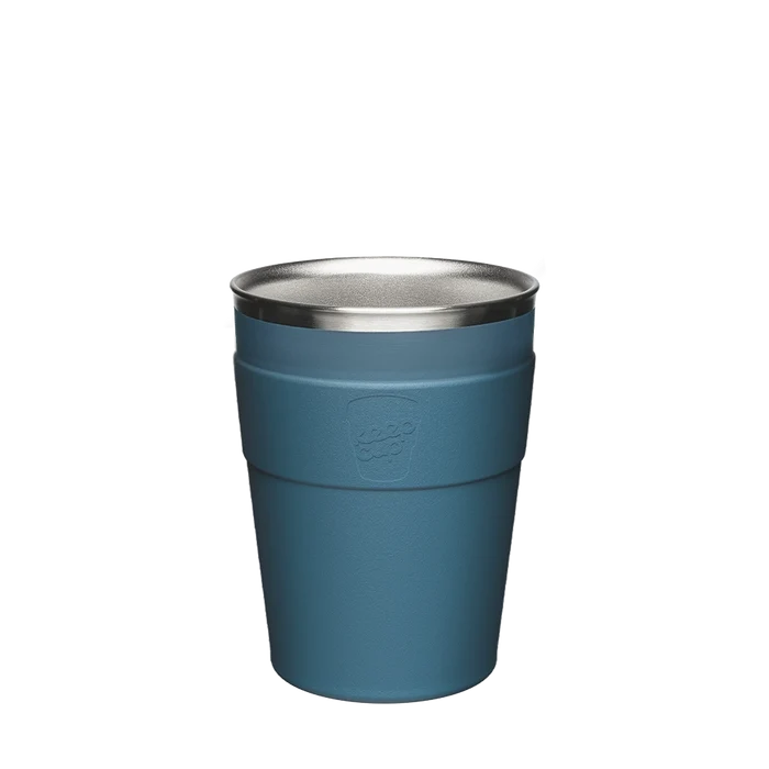 KeepCup Thermal Stainless Steel Cup Base in Kingfisher, a muted teal colour, shown from a front angle against a white background, featuring the embossed KeepCup logo and stainless steel interior rim visible at the top.