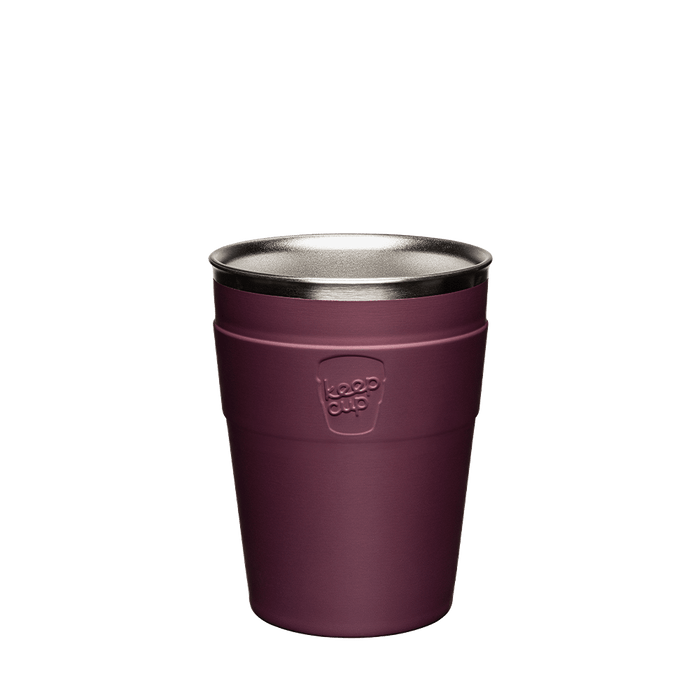 KeepCup Thermal Stainless Steel Cup Base in Merlot, M 12oz size, shown against a white background. The deep burgundy exterior features an embossed KeepCup logo, with a visible stainless steel interior rim.