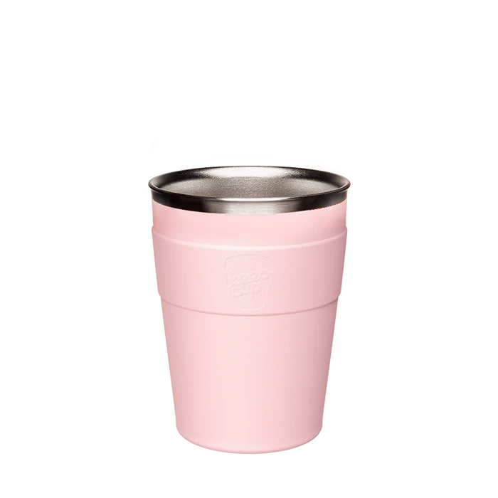 KeepCup Thermal Stainless Steel Cup Base in Pashmak Pink, M 12oz size, shown from a front angle against a white background, featuring the embossed KeepCup logo on the soft pink band and stainless steel interior visible at the rim.