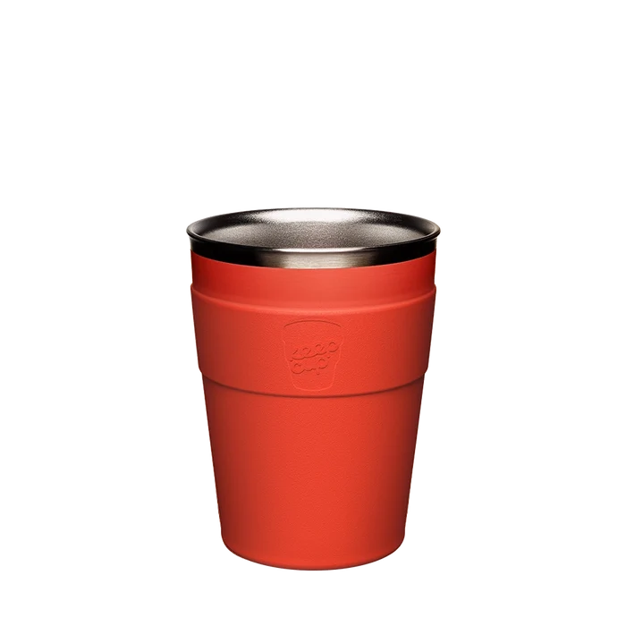 KeepCup Thermal Stainless Steel Cup Base in Persimmon, M 12oz size, shown from a front angle against a white background. The reusable cup features a vibrant orange-red exterior with embossed KeepCup logo and visible stainless steel interior rim.